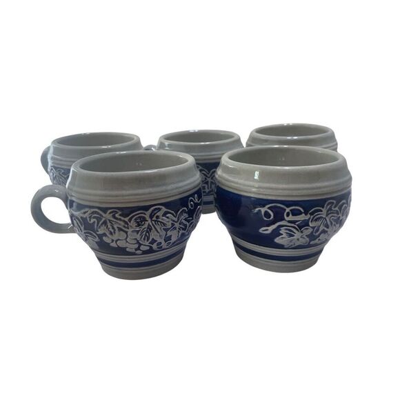 Keramic Blue White Ceramic Stoneware Two Faces Good Evil Punch Bowl and 5 Cups - Picture 7 of 9